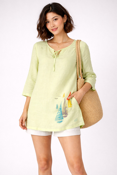 Margaritaville Tops - Margaritaville Linen Tunic Top Womens M Green Sailboat Beach Coastal Peasant